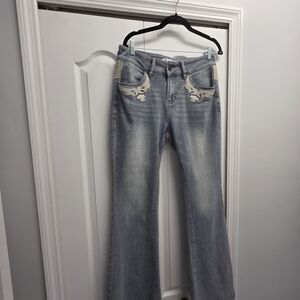 TCL Women's Gray Flare Jeans with Elegant Embroidery